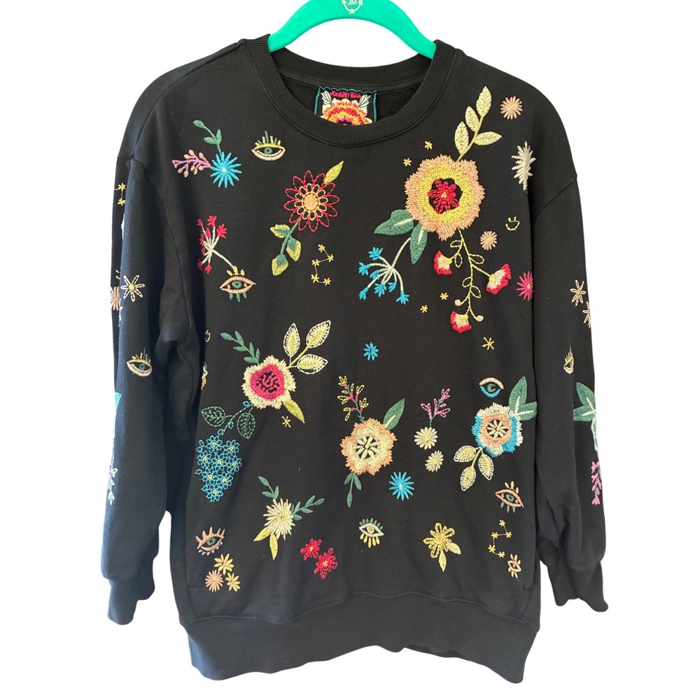 Johnny Was Sweatshirt Women S Black Excellent Floral Evil Eye Embroidered J11922